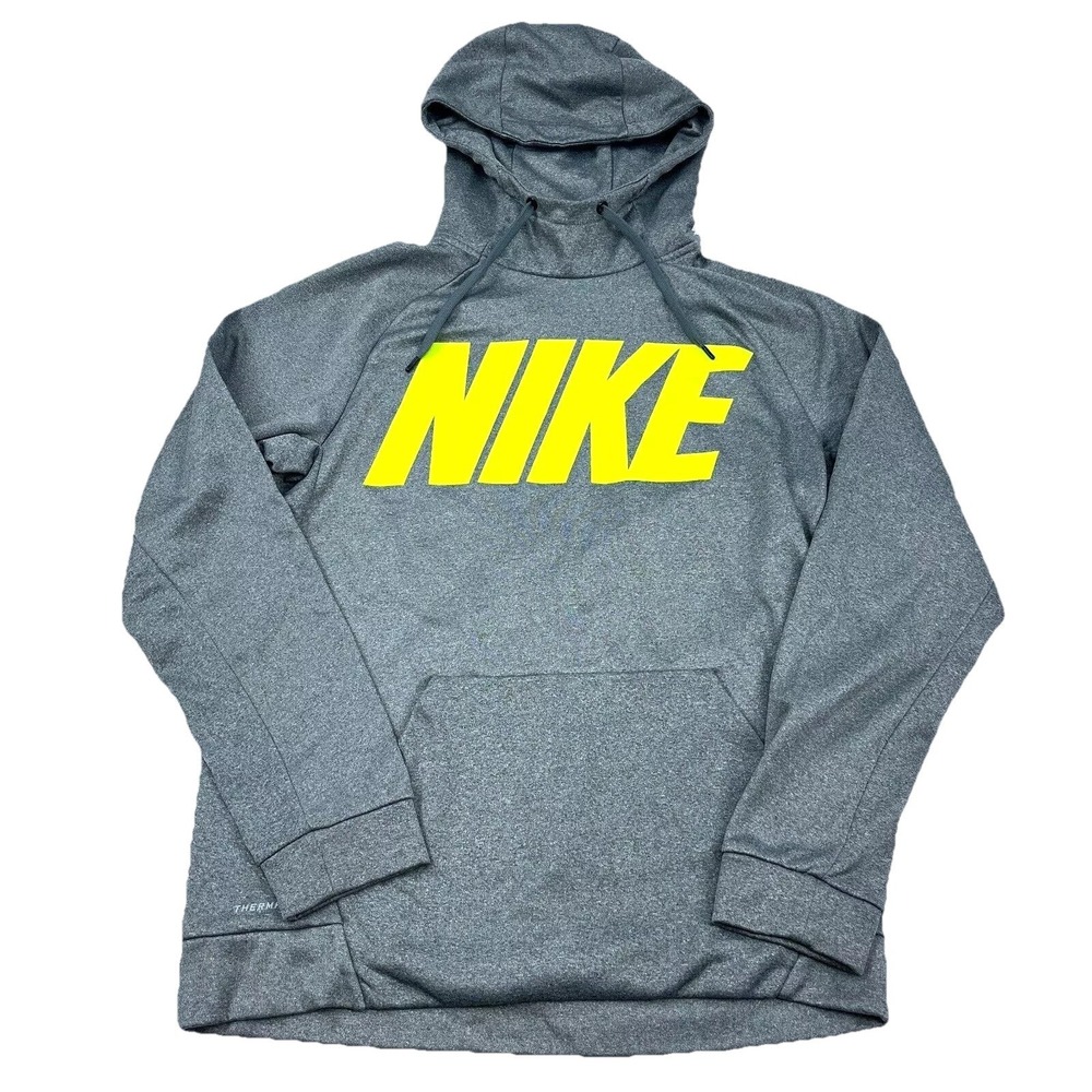 Nike Hoodie Men Medium Gray Yellow Sweatshirt Therma Fit Performance Spell Out
